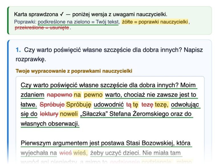 Przykładowa karta pracy sprawdzona przez nauczycielkę: tekst ucznia podkreślony na zielono, poprawki na żółtym tle, skreślenia na czerwono